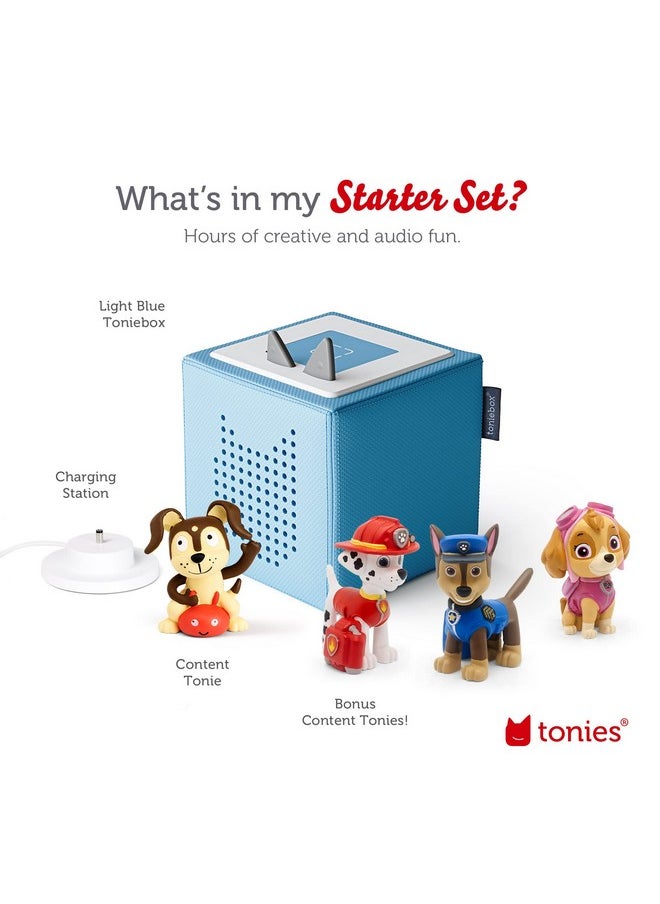 Toniebox Audio Player Starter Set With Chase, Skye, Marshall, And Playtime Puppy - Listen, Learn, And Play With One Huggable Little Box - Light Blue