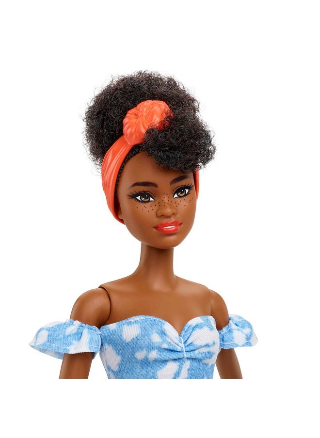 Barbie Fashionistas Doll #185, Black Up-do Hair, Off-shoulder Bleached Denim Dress, Orange Bandana, White Boots, Toy for Kids Ages 3 and Up
