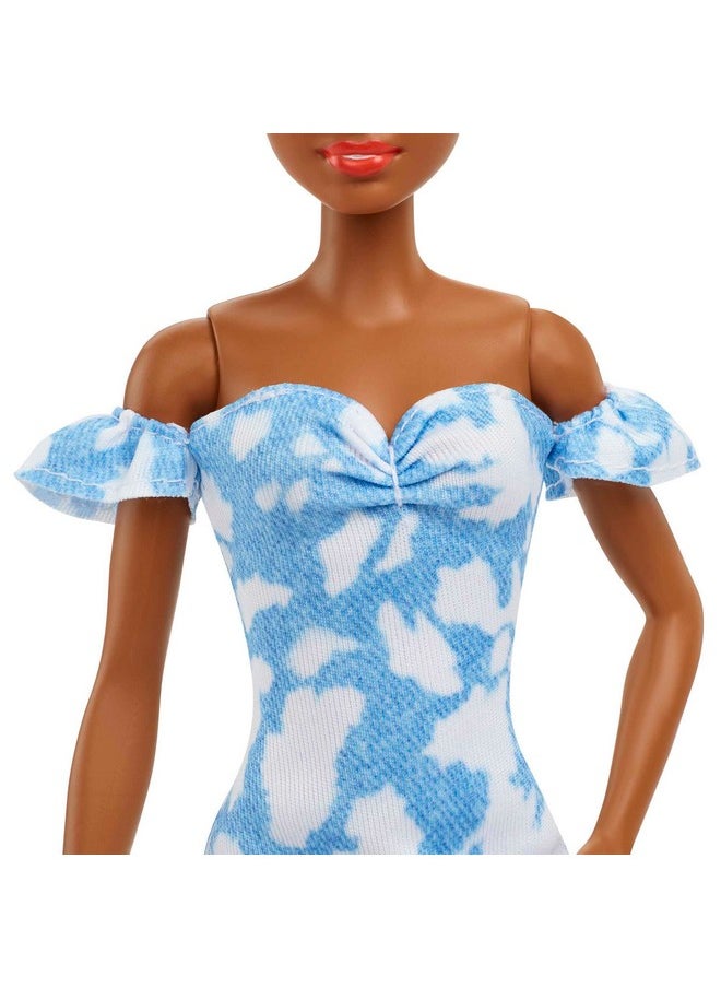 Barbie Fashionistas Doll #185, Black Up-do Hair, Off-shoulder Bleached Denim Dress, Orange Bandana, White Boots, Toy for Kids Ages 3 and Up