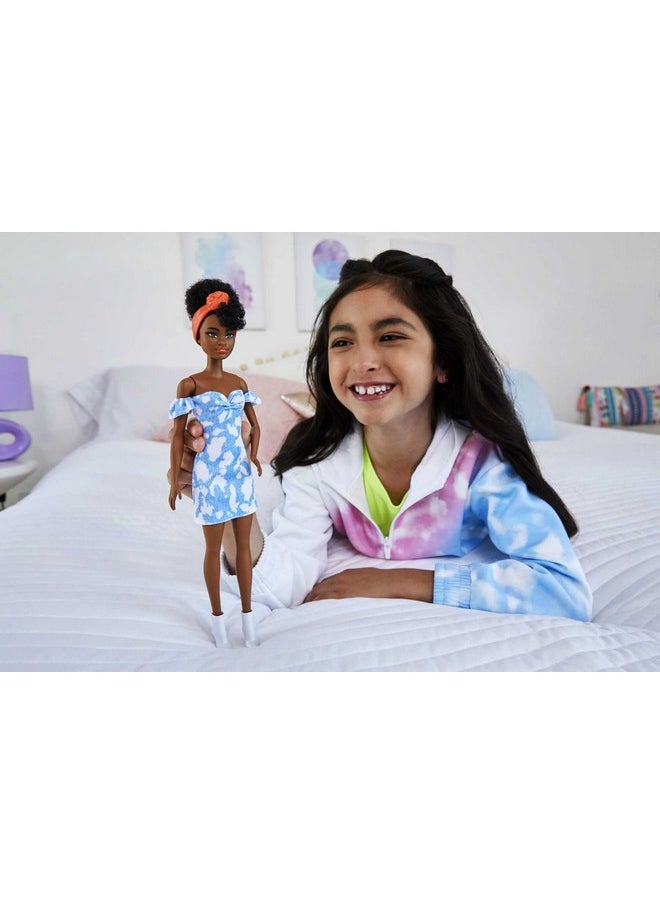 Barbie Fashionistas Doll #185, Black Up-do Hair, Off-shoulder Bleached Denim Dress, Orange Bandana, White Boots, Toy for Kids Ages 3 and Up