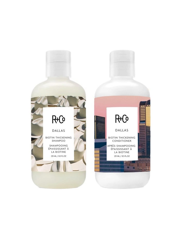 R+Co Dallas Biotin Hair Shampoo and Conditioner Set (8.5 Oz) + R+Co Bonus Deluxe Sample (.5 Oz) | Body + Shine + Smoothing for All Hair Types | Vegan + Cruelty-Free |