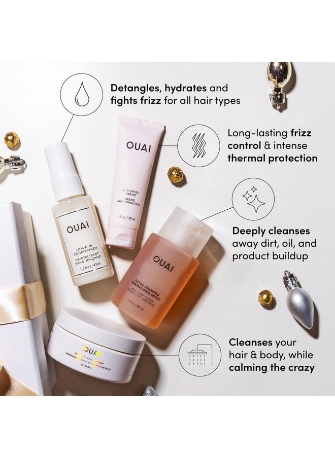 OUAI Jingle All The OUAI Travel Size Gift Set - Travel Size Hair & Body Care Set - Includes Detox Shampoo, Deluxe Anti Frizz Cream, Leave In Conditioner, Scalp & Body Scrub (4 Count)