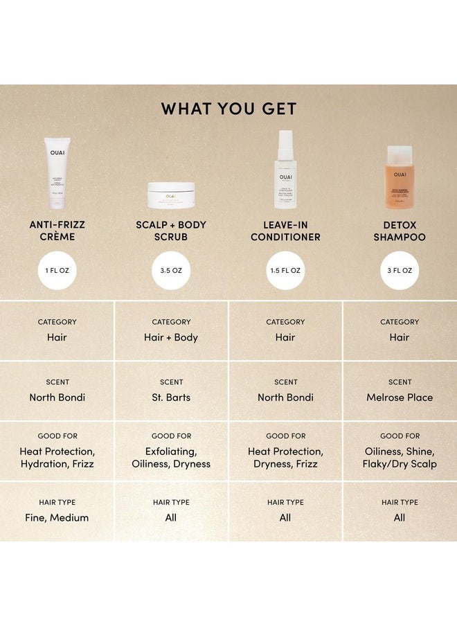 OUAI Jingle All The OUAI Travel Size Gift Set - Travel Size Hair & Body Care Set - Includes Detox Shampoo, Deluxe Anti Frizz Cream, Leave In Conditioner, Scalp & Body Scrub (4 Count)
