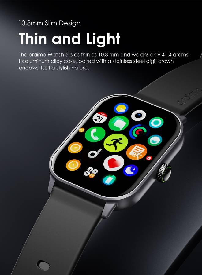 Watch 5 Bluetooth Call Smart Watch 2.01inch HD Display Fitness Watch, 300 mAh, Scratch-resistant &Anti-Explosion Tempered Glass Screen with 100+ Sports Modes & Blood Oxygen & Heart Rate Monitor, Waterproof Light Chrome Black