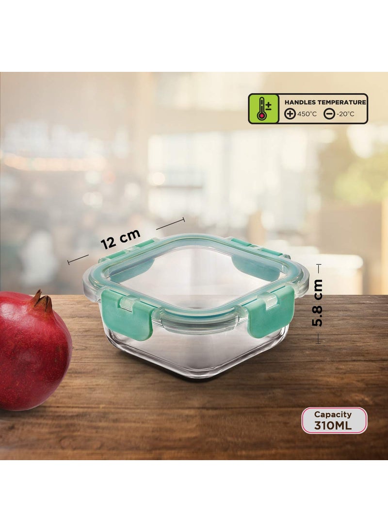 Allo FoodSafe Glass Containers with Lids,Lunch Boxes for Office with Break Free Lock,Microwave Safe Containers,Borosilicate Meal Prep Glass Food Storage Containers for Kitchen,Set of 2,310ml,Green