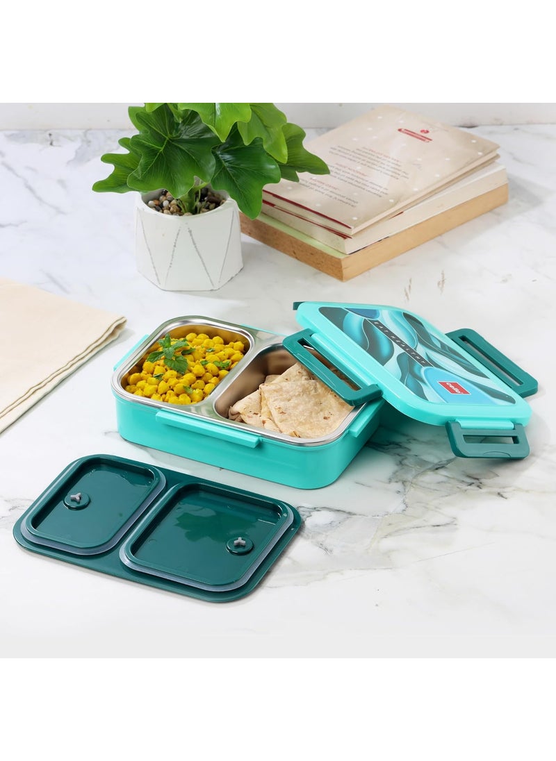 CELLO Esquire Insulated Lunch Box, 915 ml, Green | 100% Food Grade | Leak Proof and Break Resistant | 2 Containers Inner Steel Lunch Box