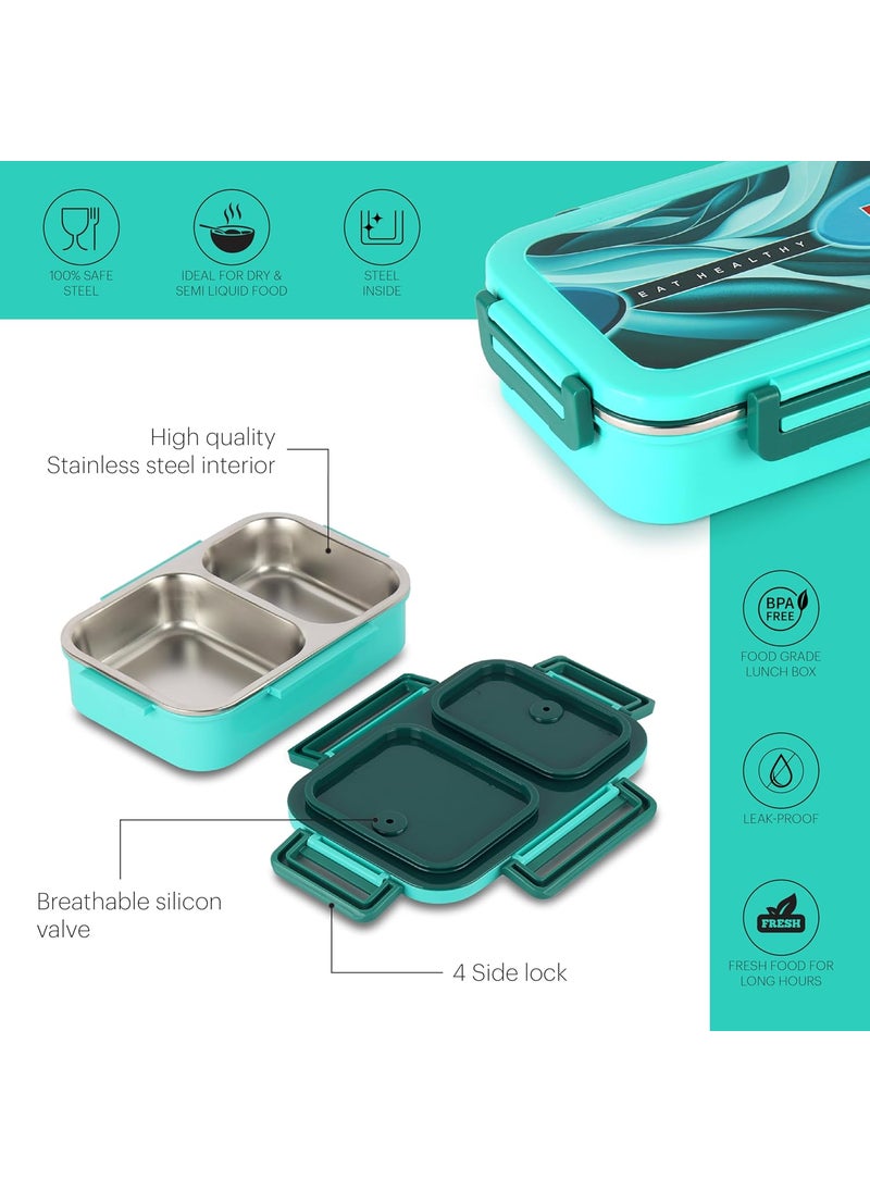 CELLO Esquire Insulated Lunch Box, 915 ml, Green | 100% Food Grade | Leak Proof and Break Resistant | 2 Containers Inner Steel Lunch Box