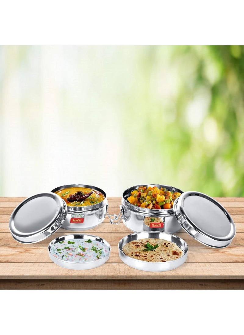 Sumeet Stainless Steel Food Pack Lunch Box for Kids/School with Steel Separator Plate and Locking Clip, Set of 2Pc, 350ML & 500ML Capacity