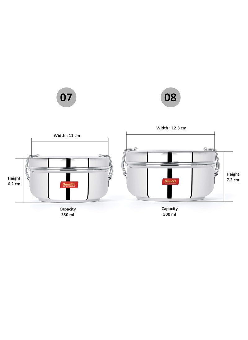 Sumeet Stainless Steel Food Pack Lunch Box for Kids/School with Steel Separator Plate and Locking Clip, Set of 2Pc, 350ML & 500ML Capacity