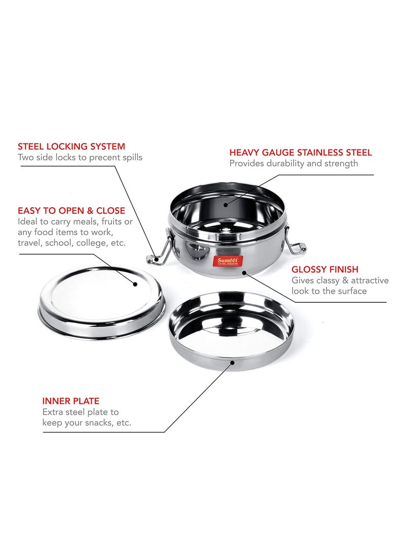 Sumeet Stainless Steel Food Pack Lunch Box for Kids/School with Steel Separator Plate and Locking Clip, Set of 2Pc, 350ML & 500ML Capacity
