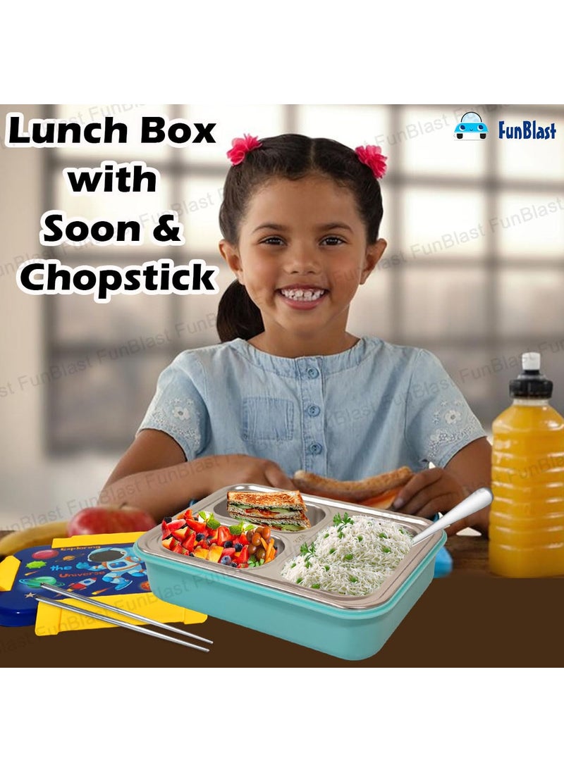 FunBlast Lunch Box for Kids – Stainless Steel Lunch Box, Tiffin Box for Kids, Insulated Bento Lunch Box, Lunch Box with Spoon & Chopstick, 3 Compartment Lunch Box, School Lunch Box – 710ML (Space)