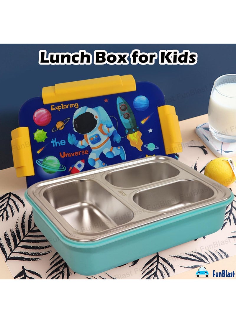 FunBlast Lunch Box for Kids – Stainless Steel Lunch Box, Tiffin Box for Kids, Insulated Bento Lunch Box, Lunch Box with Spoon & Chopstick, 3 Compartment Lunch Box, School Lunch Box – 710ML (Space)