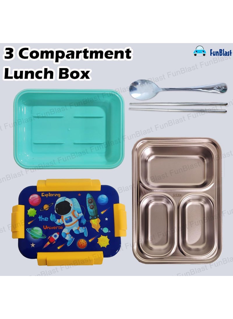 FunBlast Lunch Box for Kids – Stainless Steel Lunch Box, Tiffin Box for Kids, Insulated Bento Lunch Box, Lunch Box with Spoon & Chopstick, 3 Compartment Lunch Box, School Lunch Box – 710ML (Space)