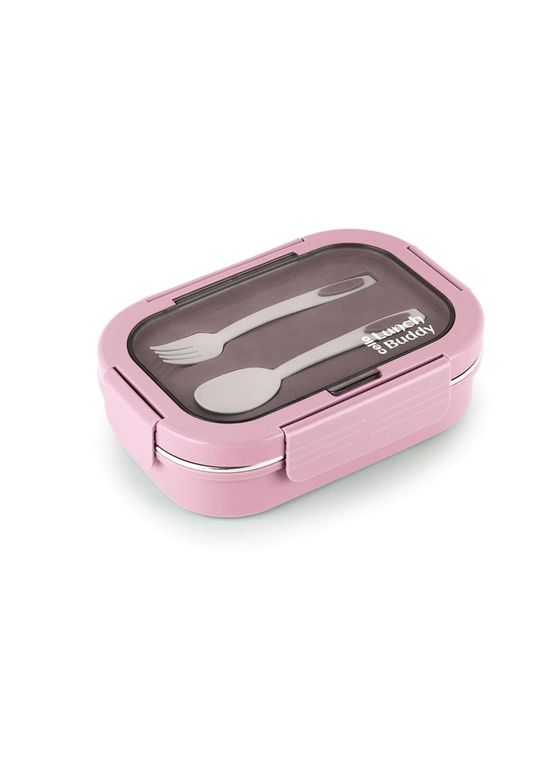 CELLO Lunch Buddy Lunch Box with Plastic Spoon and Fork | 100% Food Grade | Leak Proof and Break Resistant | Ideal for College,Office, Outdoor Activities | 925 ml, Pink