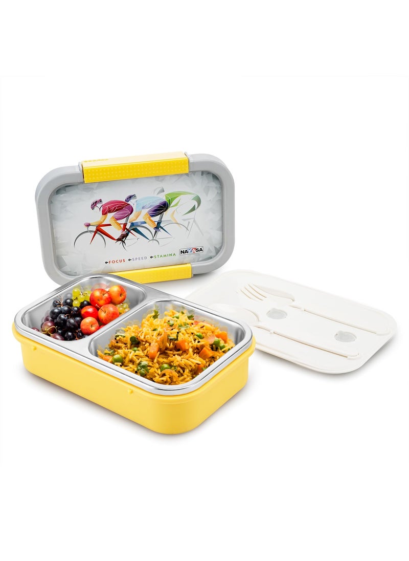 Nayasa Autobot 2 Compartment Vaccum Sealed Insulated Stainless Steel Lunch Box | Sports Print | Leak Proof Tiffin Box | 650 ml | Yellow