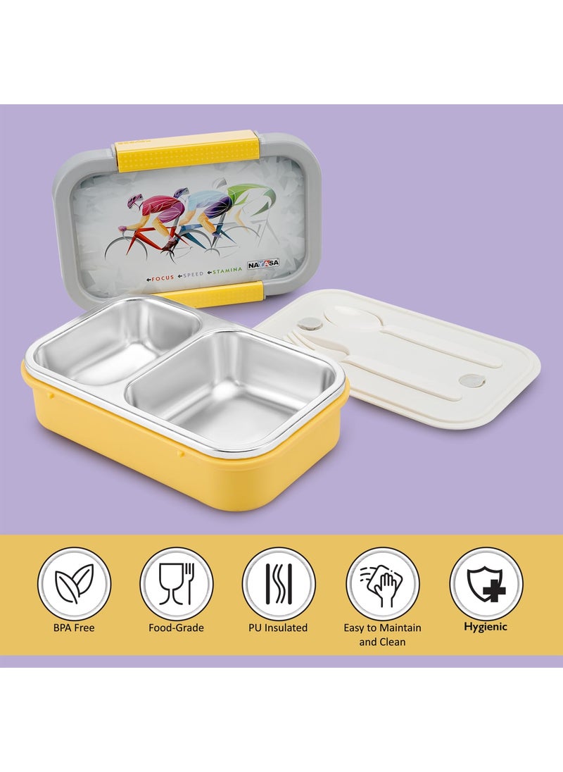 Nayasa Autobot 2 Compartment Vaccum Sealed Insulated Stainless Steel Lunch Box | Sports Print | Leak Proof Tiffin Box | 650 ml | Yellow