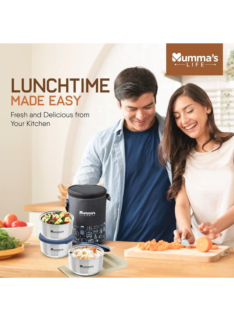 Mumma's LIFE Stainless Steel Lunch Box 3 Containers Lunch Box With Lid (Grey)