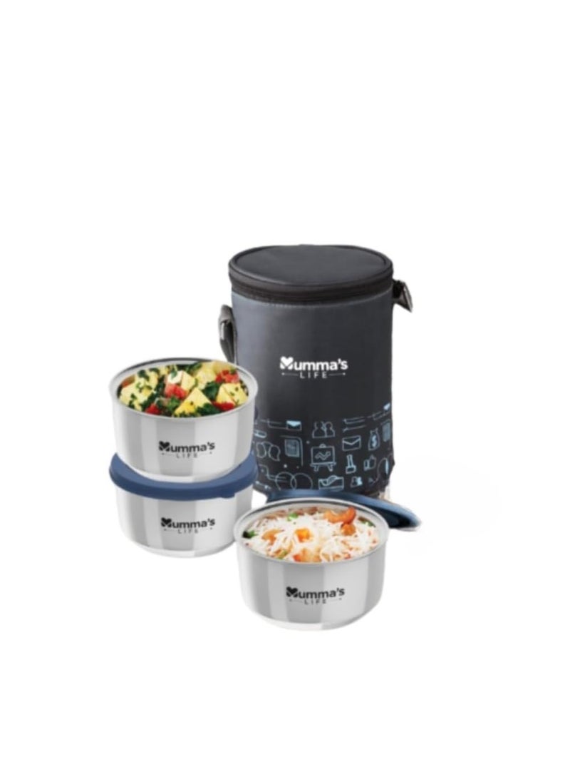 Mumma's LIFE Stainless Steel Lunch Box 3 Containers Lunch Box With Lid (Grey)
