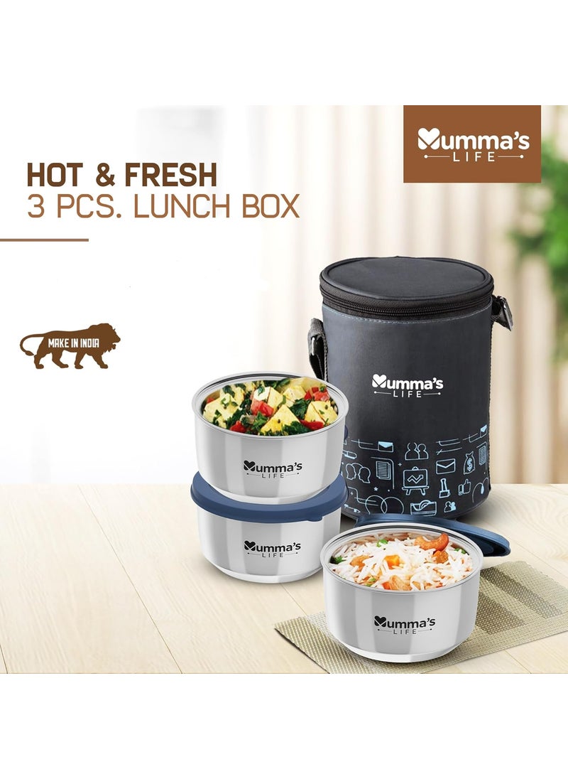 Mumma's LIFE Stainless Steel Lunch Box 3 Containers Lunch Box With Lid (Grey)