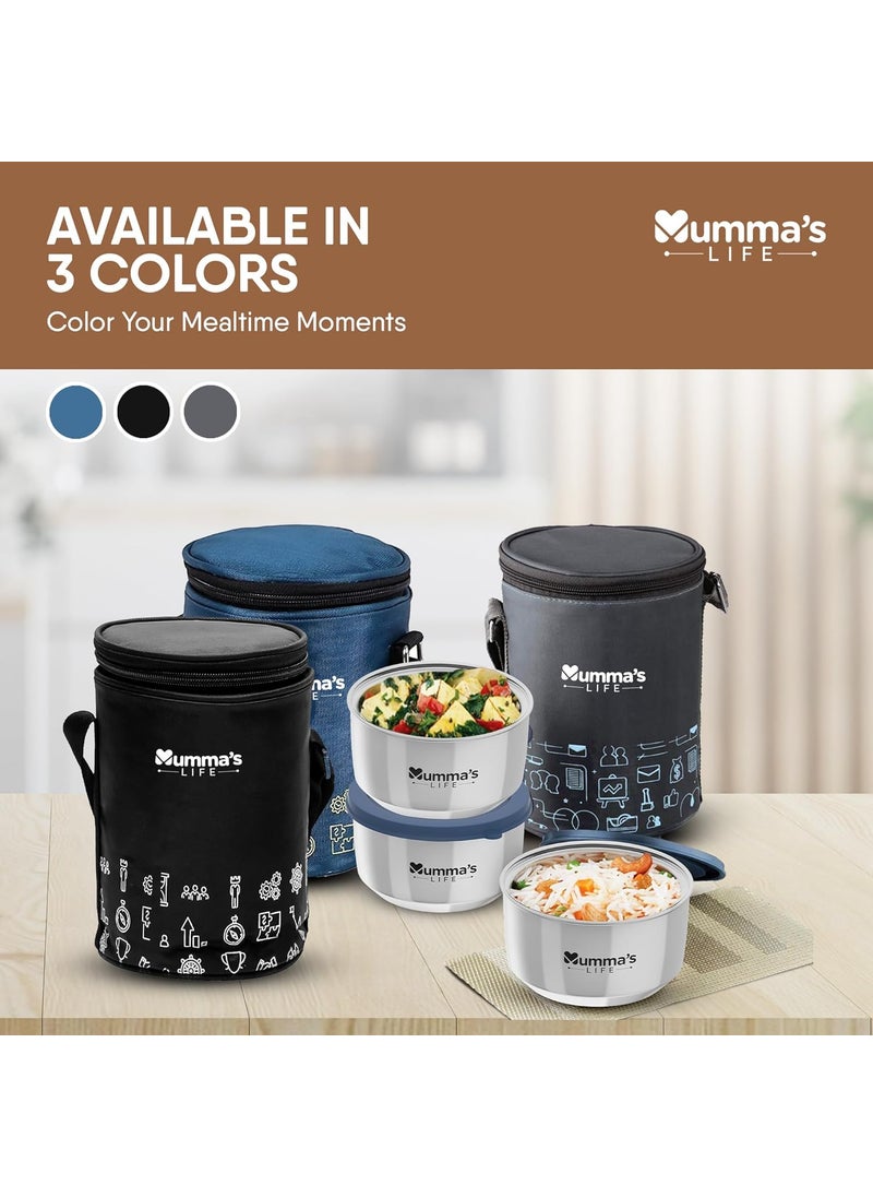 Mumma's LIFE Stainless Steel Lunch Box 3 Containers Lunch Box With Lid (Grey)