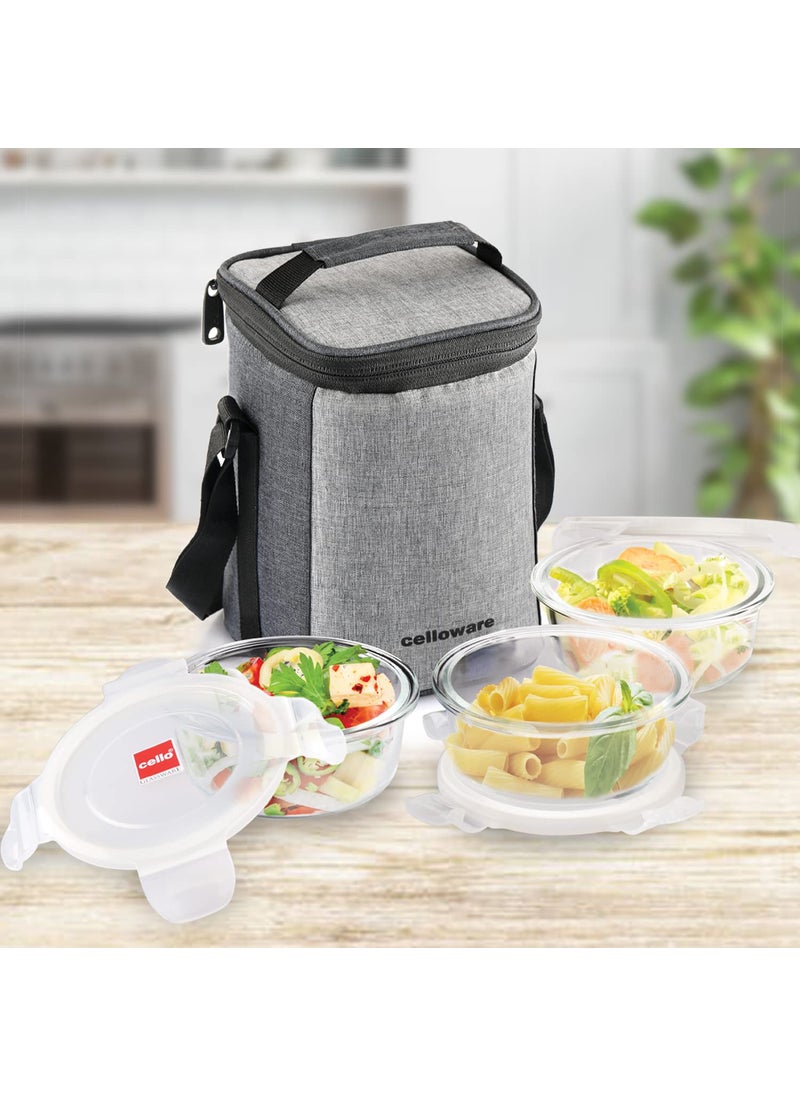 CELLO Delighta Round Borosilicate Glass Lunch Box with Jacket, 400ml, Set of 3 | Vertical Glass Lunch Boxes | Microwave Safe and Leak Proof | Tiffin for Office/School/College | Transparent