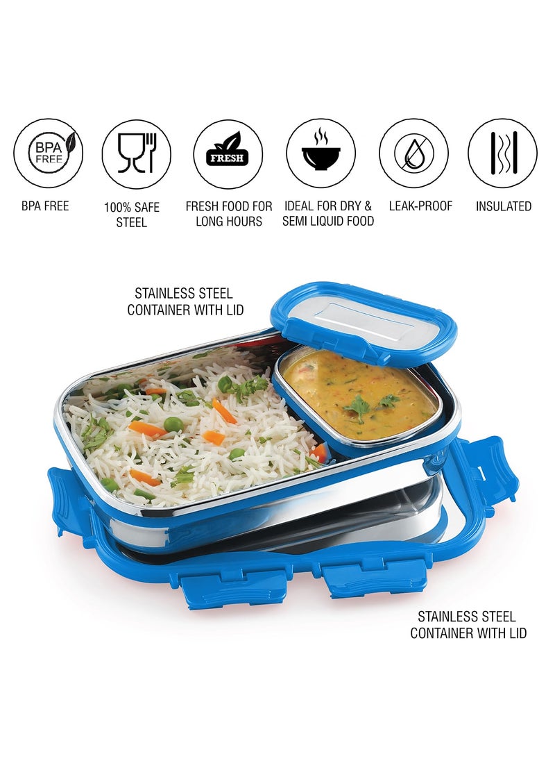 CELLO Click it Steel Insulated Lunch Box, Big, 1024ml, Blue | 2 Container Tiffin for Adults | Snacks Tiffin for Kids with Veg Box | Leak-Proof & Unbreakable Lid | Ideal for Office, School, College