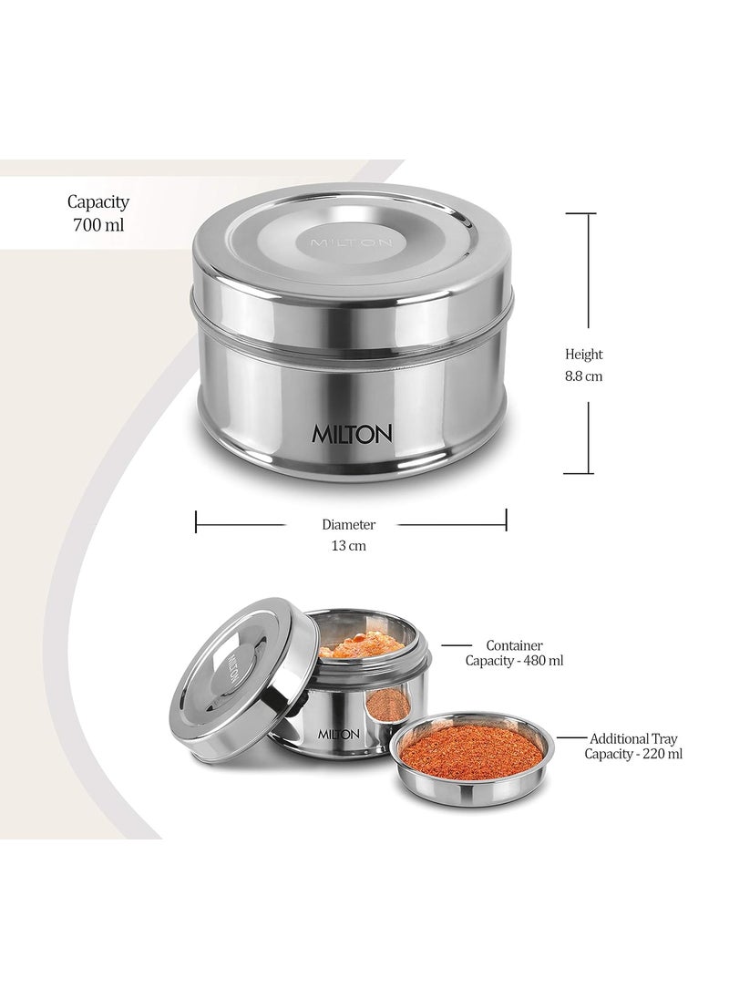 MILTON Steel Snack Medium Lunch Box PU Insulated Stainless Steel Container with Inner Partition Plate, 700 ml, Silver, for Travelling, School & Office