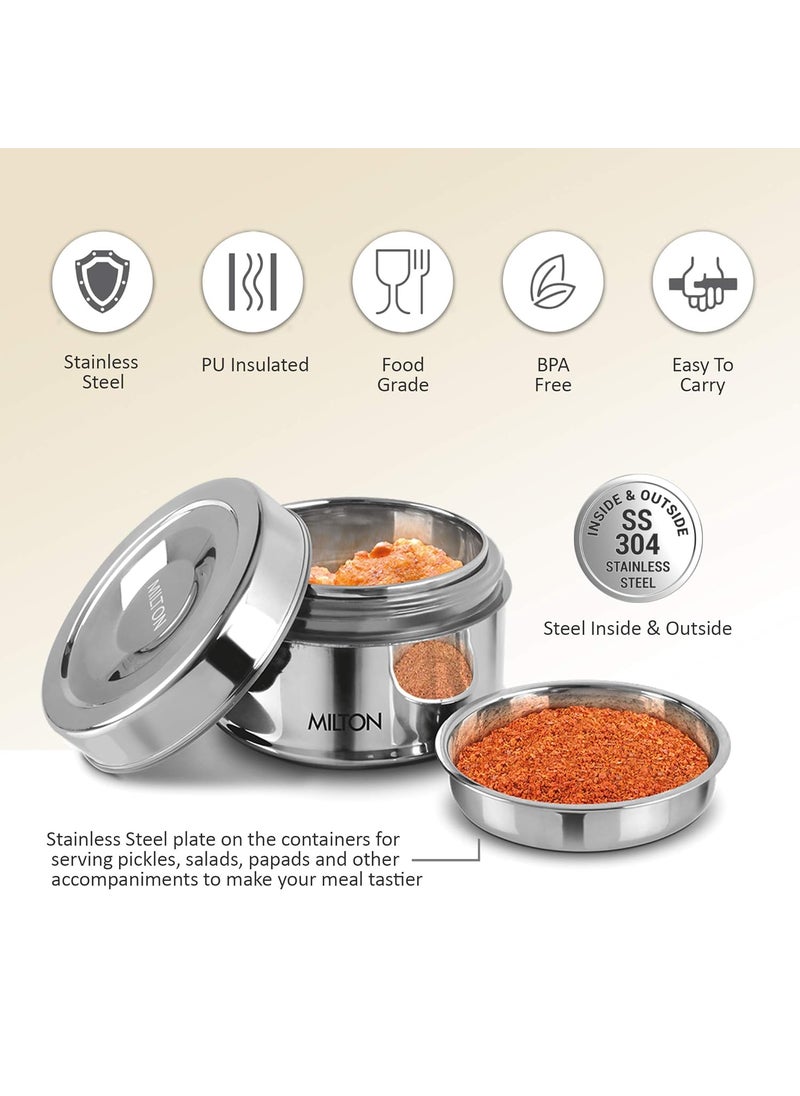 MILTON Steel Snack Medium Lunch Box PU Insulated Stainless Steel Container with Inner Partition Plate, 700 ml, Silver, for Travelling, School & Office