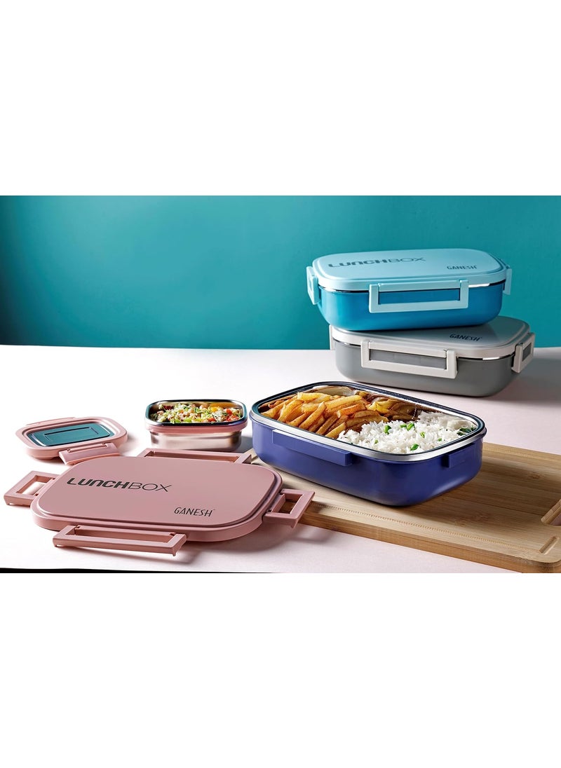 GANESH Stainless Steel Amaze Insulated Lunch Box with 4 Side Lock Lid, 900 ml and Inner Stainless Steel Container, 200 ml Easy to Carry (Mulitcolor)