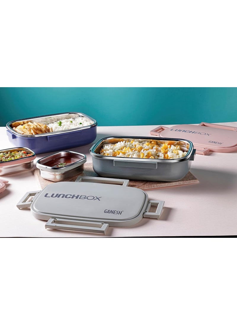 GANESH Stainless Steel Amaze Insulated Lunch Box with 4 Side Lock Lid, 900 ml and Inner Stainless Steel Container, 200 ml Easy to Carry (Mulitcolor)
