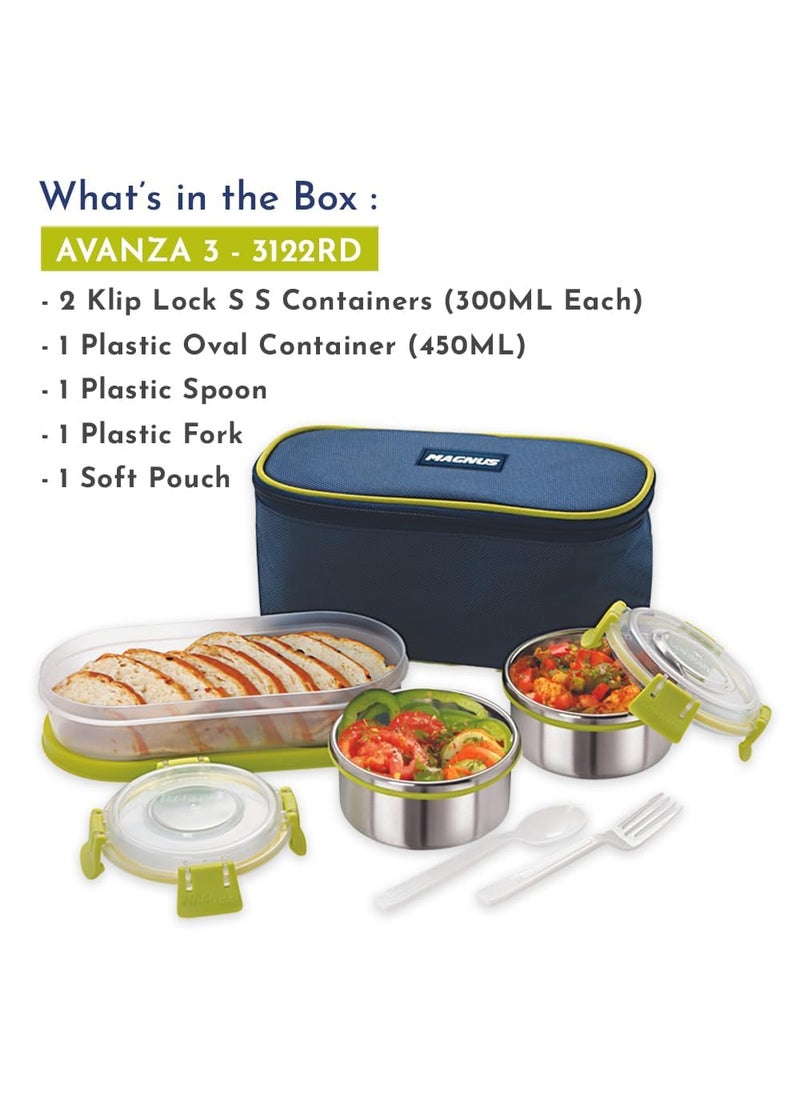 Magnus Avanza 3 Stainless Steel Lunch Box Set | 1050ml | Leakproof Tiffin with Bag | Ideal for Office, School, Men, Women, Kids| Air-Tight Food Carrier