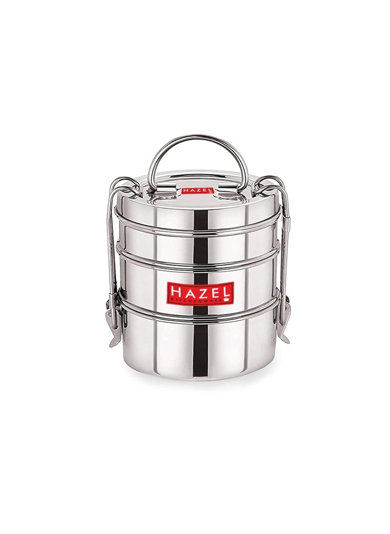 HAZEL Steel Tiffin Box for Office | Stainless Steel Lunch Box Set with 3 Containers | Multipurpose Steel Lunch Box with Shiny Silver Finish for Daily Usage