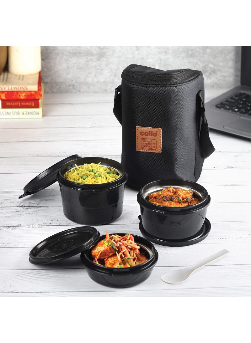 CELLO MF Click Lunch Box Set with Bag, 3 Containers, 300ml, Black | Tiffin Box Outer Plastic Inner Steel with Bag | Leakproof Lunch Boxes with Jacket | Ideal for Office, School, College