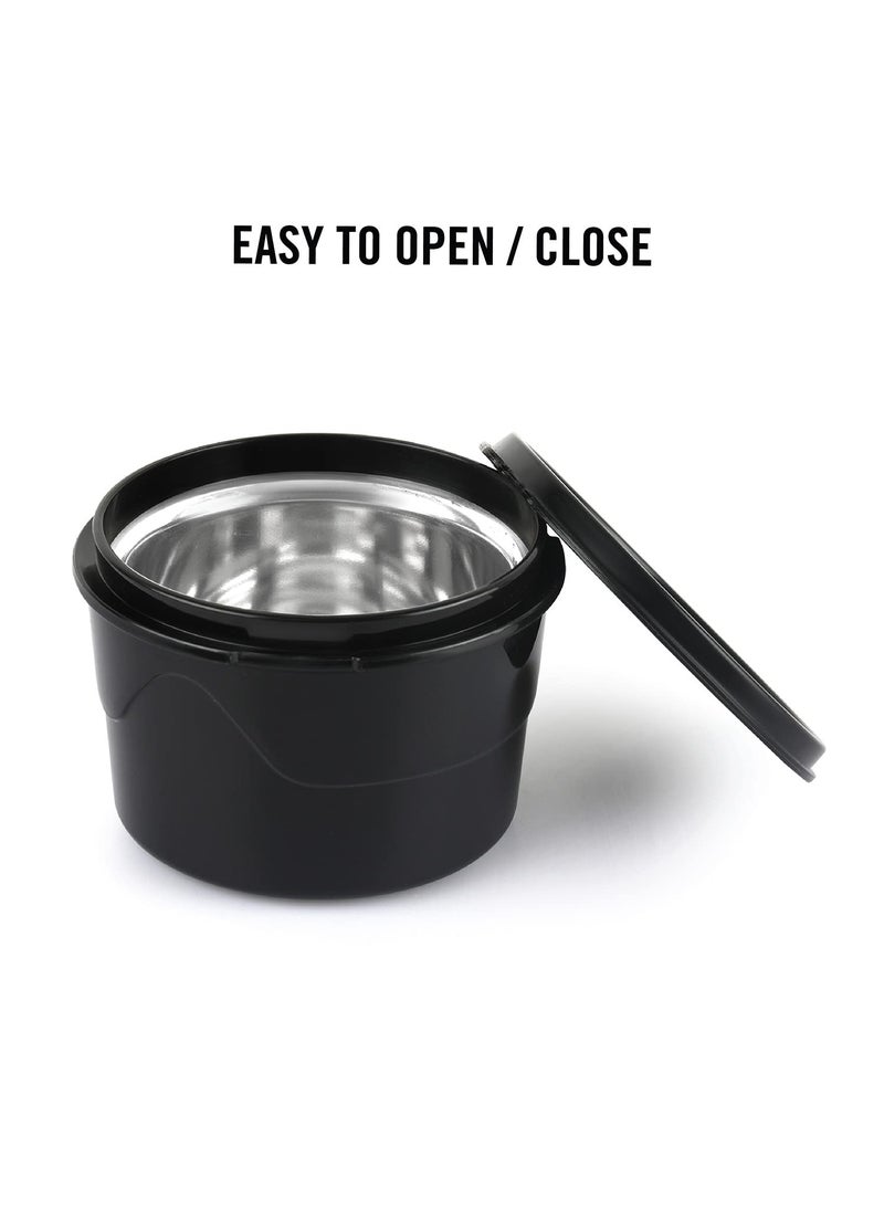 CELLO MF Click Lunch Box Set with Bag, 3 Containers, 300ml, Black | Tiffin Box Outer Plastic Inner Steel with Bag | Leakproof Lunch Boxes with Jacket | Ideal for Office, School, College