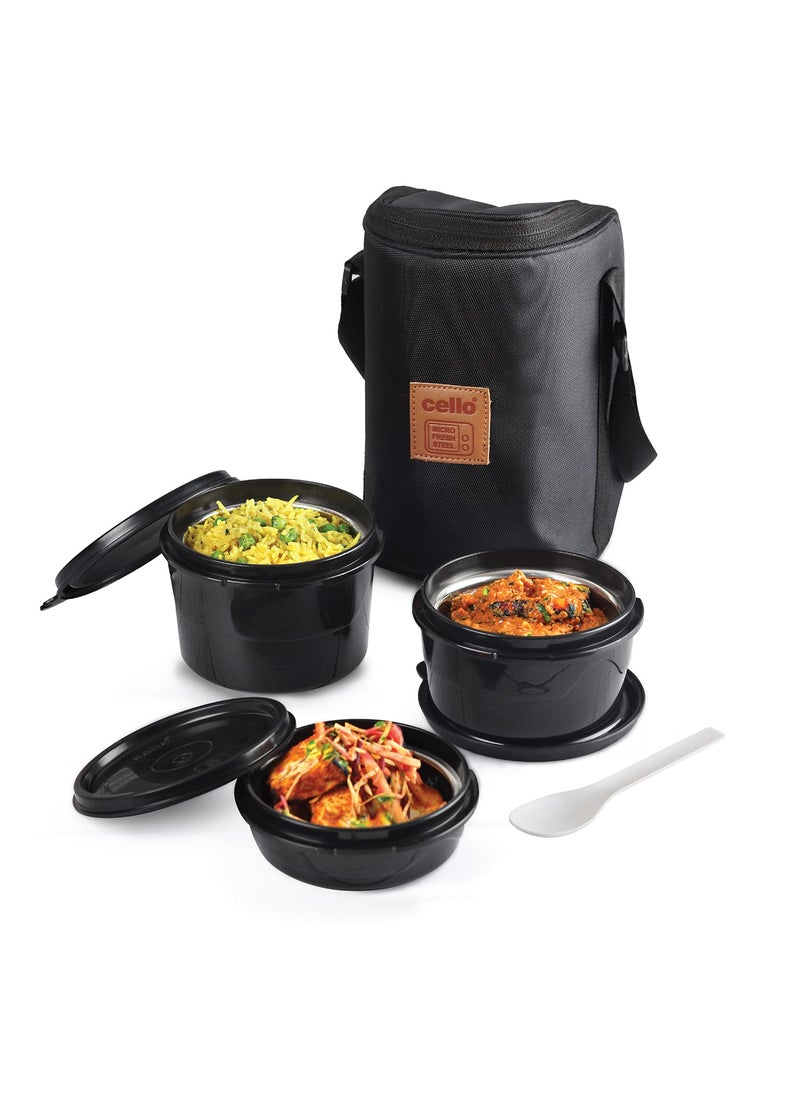 CELLO MF Click Lunch Box Set with Bag, 3 Containers, 300ml, Black | Tiffin Box Outer Plastic Inner Steel with Bag | Leakproof Lunch Boxes with Jacket | Ideal for Office, School, College