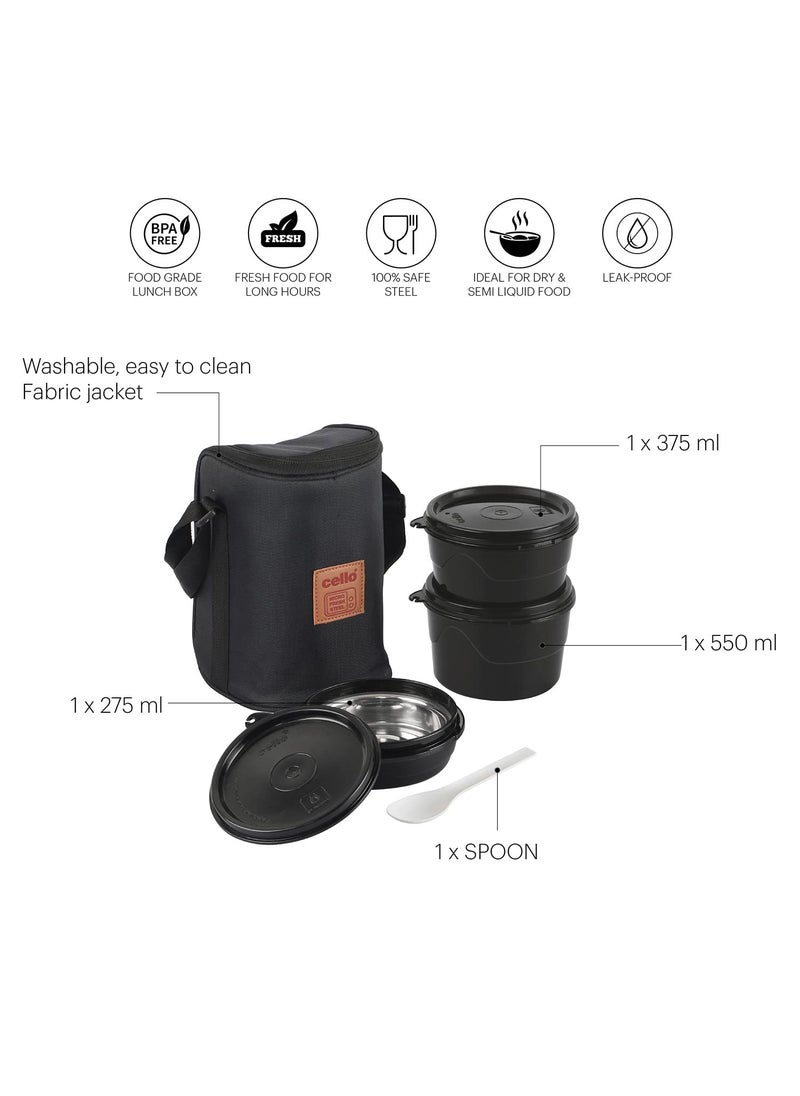 CELLO MF Click Lunch Box Set with Bag, 3 Containers, 300ml, Black | Tiffin Box Outer Plastic Inner Steel with Bag | Leakproof Lunch Boxes with Jacket | Ideal for Office, School, College