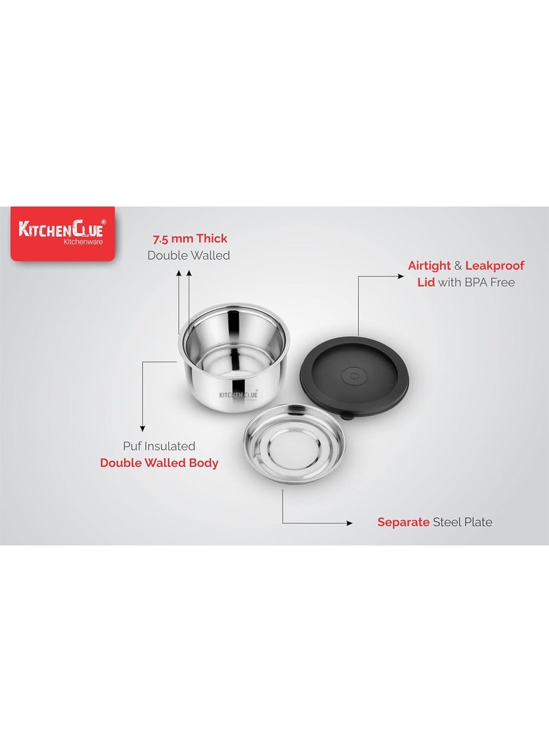 Kitchen Clue Stainless Steel Double Walled Lunch Box & Container with Airtight & Leak-Proof Lids I Bpa Free I Insulated Lunch Bowls for Office I Set of 3 pcs I Separate Steel Plate Included