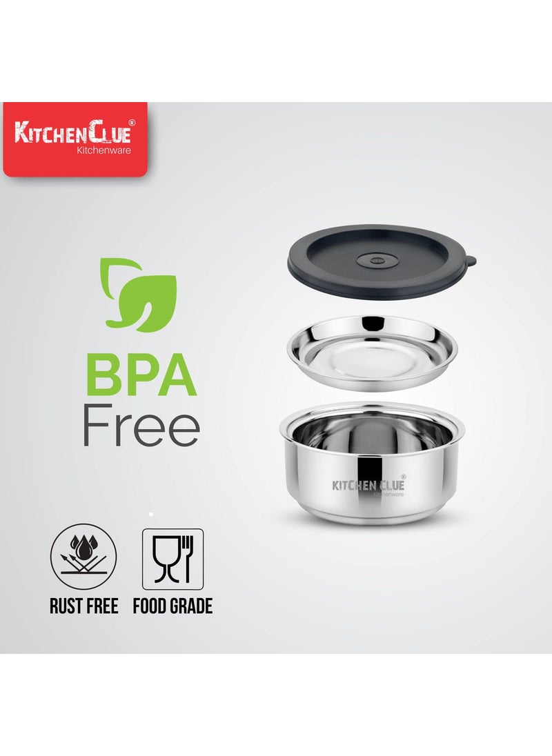Kitchen Clue Stainless Steel Double Walled Lunch Box & Container with Airtight & Leak-Proof Lids I Bpa Free I Insulated Lunch Bowls for Office I Set of 3 pcs I Separate Steel Plate Included