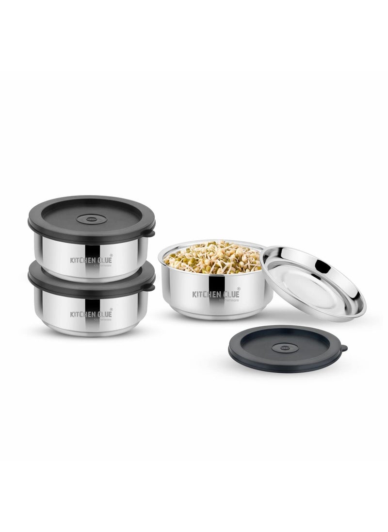 Kitchen Clue Stainless Steel Double Walled Lunch Box & Container with Airtight & Leak-Proof Lids I Bpa Free I Insulated Lunch Bowls for Office I Set of 3 pcs I Separate Steel Plate Included