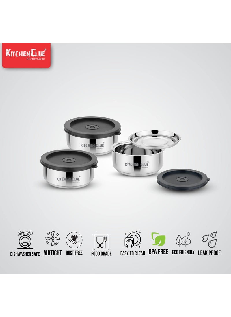 Kitchen Clue Stainless Steel Double Walled Lunch Box & Container with Airtight & Leak-Proof Lids I Bpa Free I Insulated Lunch Bowls for Office I Set of 3 pcs I Separate Steel Plate Included