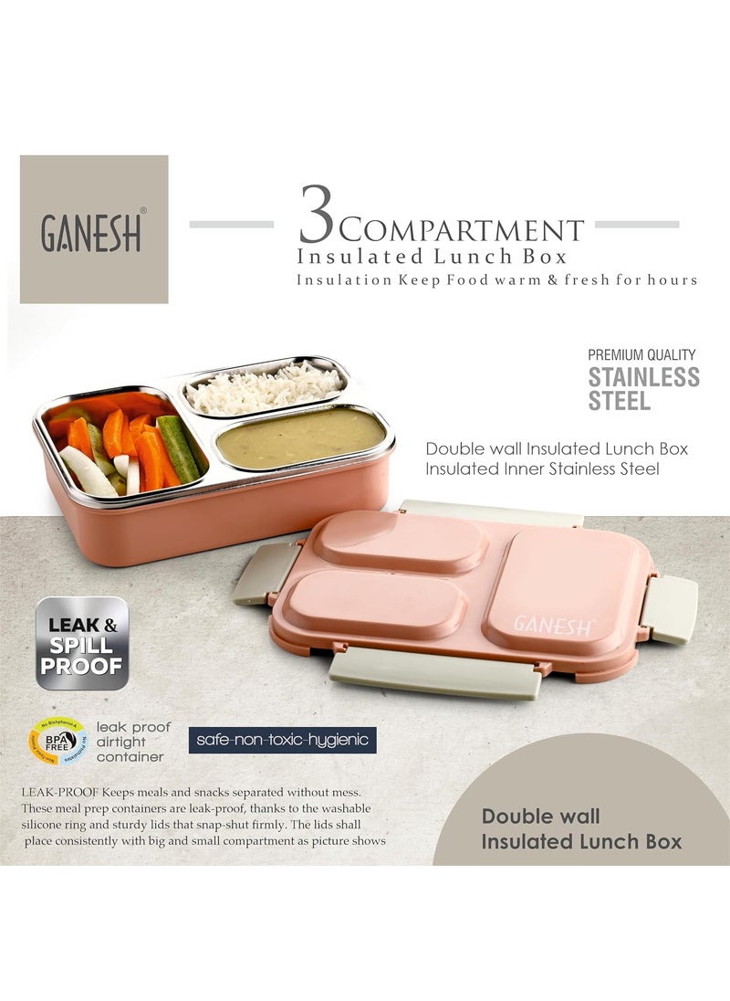 Ganesh Stainless Steel 3 Compartment Insulated Lunch Box for School & Office, Airtight Leak-Proof, Unbreakable Lid 1Ltr
