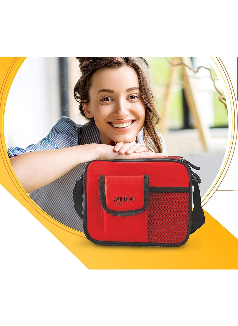 MILTON New Steel Combi Lunch Box with Insulated Fabric Jacket, 3 Stainless Steel Containers 280 ml Each & 1 Plastic Tumbler with lid 400 ml, Leak-Proof Tiffin for Office, College, Picnic, Red
