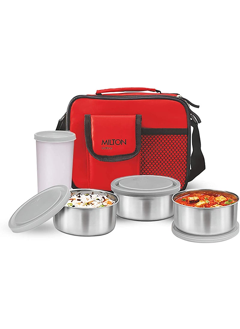 MILTON New Steel Combi Lunch Box with Insulated Fabric Jacket, 3 Stainless Steel Containers 280 ml Each & 1 Plastic Tumbler with lid 400 ml, Leak-Proof Tiffin for Office, College, Picnic, Red