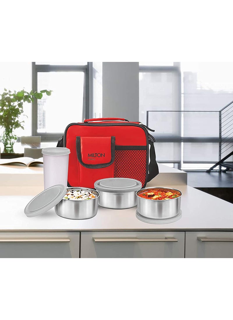 MILTON New Steel Combi Lunch Box with Insulated Fabric Jacket, 3 Stainless Steel Containers 280 ml Each & 1 Plastic Tumbler with lid 400 ml, Leak-Proof Tiffin for Office, College, Picnic, Red