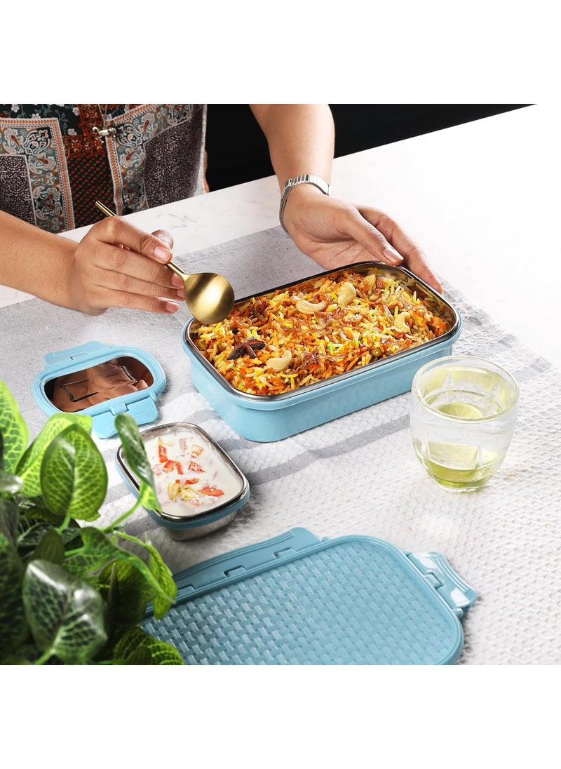 CELLO Matrix Big Lunch Box, Light Blue | Stainless Steel Lunch Box with Inner Separate Veg Box | Leak Proof and Break Resistant | Tiffin for Adults with Snap Lock | Ideal for Office, School, College
