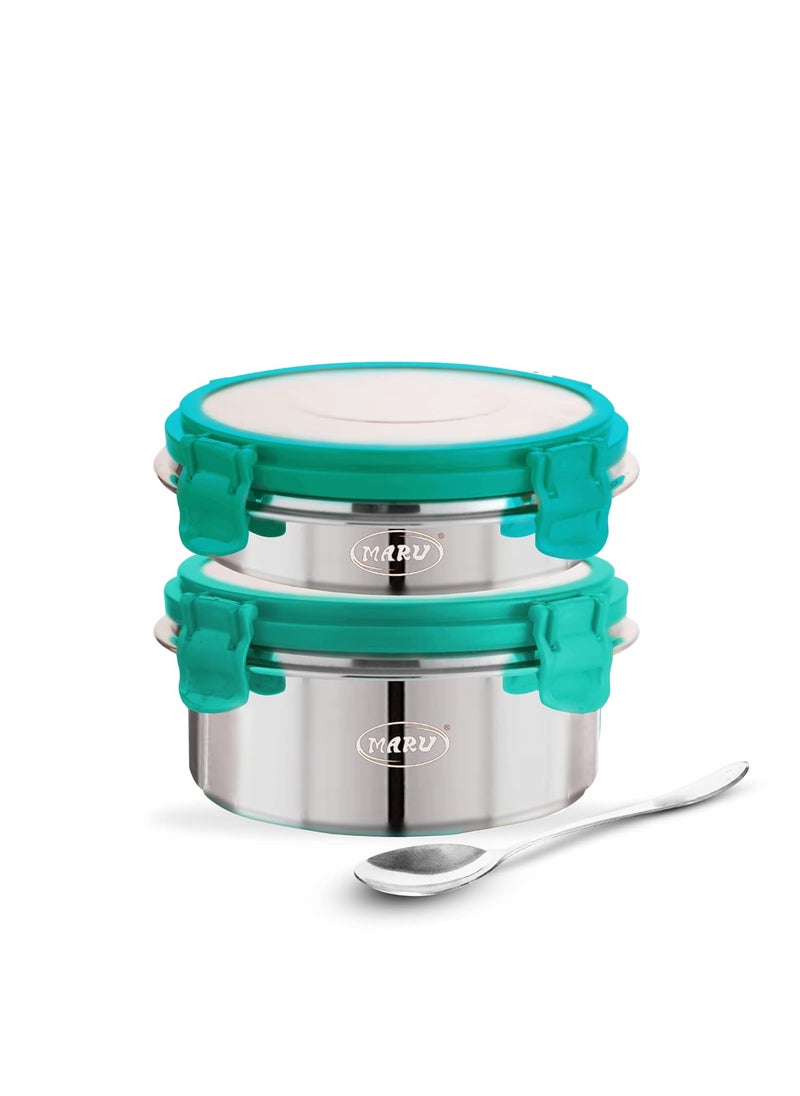 MARU Stainless Steel Lunch Box for Kids & Adults (550ML + 280ML), Tiffin Box for School and Office with Leakproof Steel Lids, Airtight Lunch Container for Women & Men 2 Pcs with 1 Spoon, Sea Green