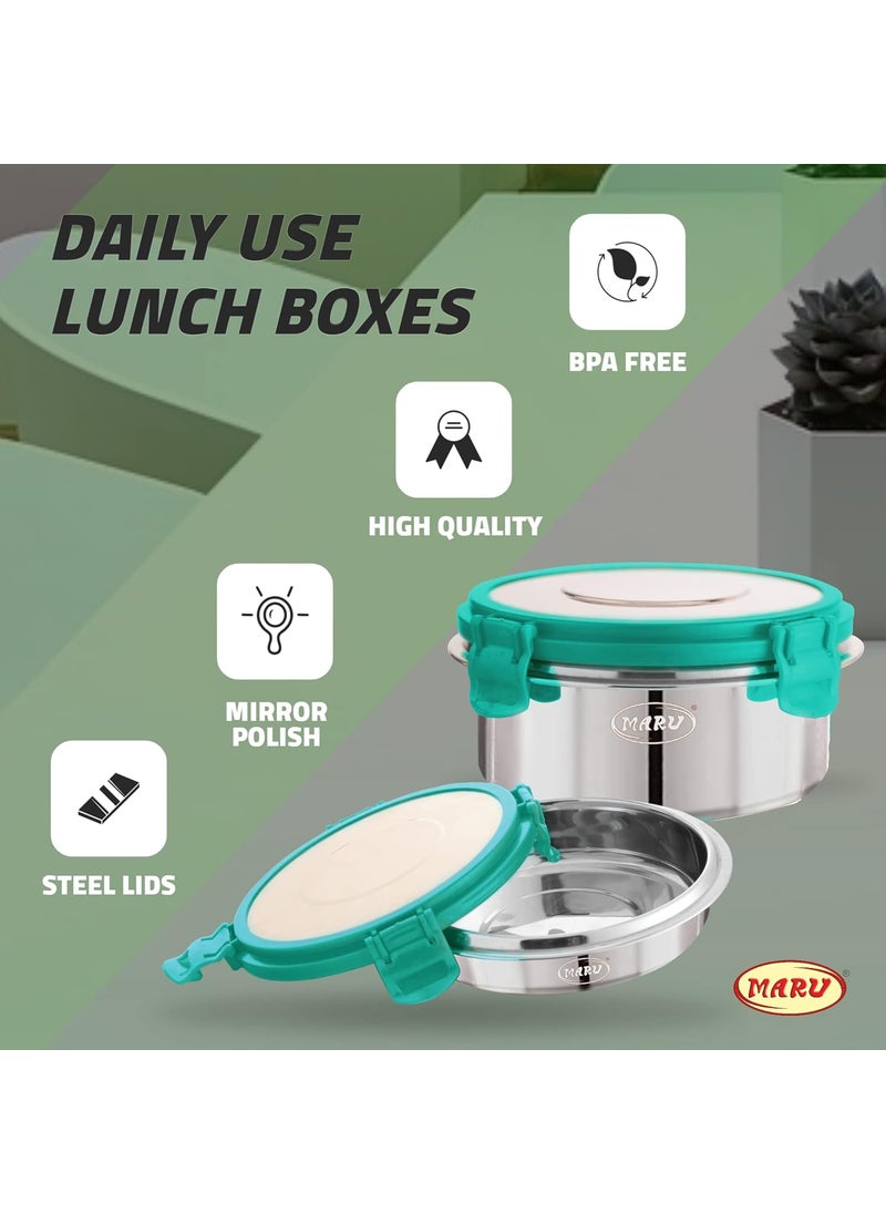 MARU Stainless Steel Lunch Box for Kids & Adults (550ML + 280ML), Tiffin Box for School and Office with Leakproof Steel Lids, Airtight Lunch Container for Women & Men 2 Pcs with 1 Spoon, Sea Green
