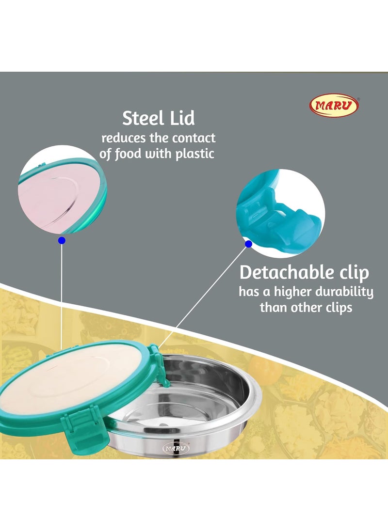 MARU Stainless Steel Lunch Box for Kids & Adults (550ML + 280ML), Tiffin Box for School and Office with Leakproof Steel Lids, Airtight Lunch Container for Women & Men 2 Pcs with 1 Spoon, Sea Green