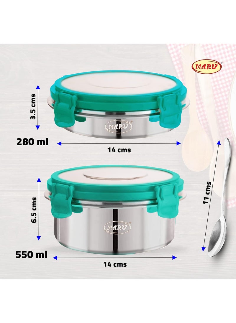 MARU Stainless Steel Lunch Box for Kids & Adults (550ML + 280ML), Tiffin Box for School and Office with Leakproof Steel Lids, Airtight Lunch Container for Women & Men 2 Pcs with 1 Spoon, Sea Green