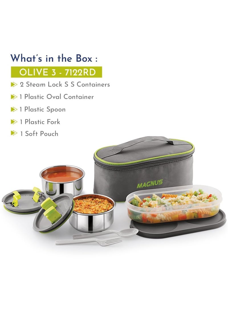 Magnus Olive 3 Lunch Box Set: Leak-Proof Stainless Steel Containers with Thermal Bag - Lunch Box for Kids and Lunch Boxes for Office Men - Airtight & Insulated Food Tiffin (950 ml)